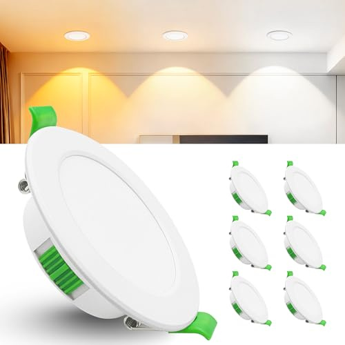Laiebri 6er Led Einbaustrahler 230V Weiß - Extra Flach IP44 Deckenstrahler - Ø68-75mm Einbau Deckenspots 5W 600LM, 2700K/4000K/6500K Deckenlampe Deckenleuchte led für Badezimmer Wohnzimmer Küche