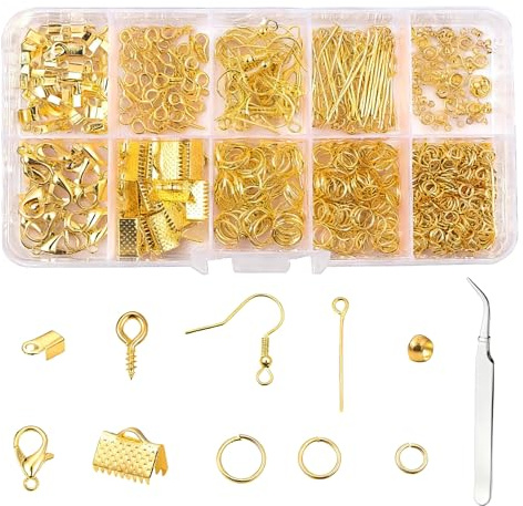 710-Piece Jewellery Clasps Set with Lobster Clasps and Jump Rings, Gold | Gold-tone findings in assorted styles; includes eye pins, earring hooks, ribbon ends and tweezers; organised storage box