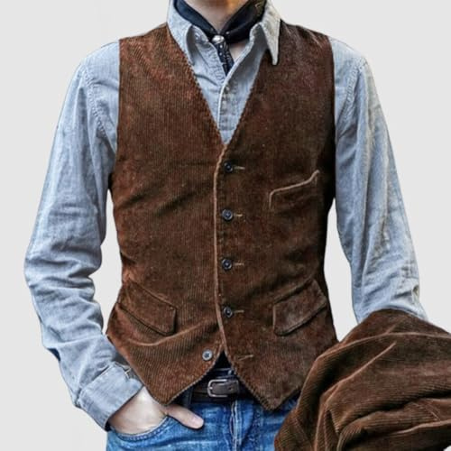 Caswynlife Gilet da uomo in velluto a coste con bottoni, stile vintage britannico, slim fit, senza maniche, tinta unita, giacca casual con scollo a V