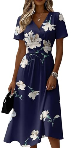 Vestido de Verano Mujer 2026 Elegante - Vestido Corto de Fiesta con Cuello en V, Manga Corta y Estampado Floral para Playa, Boda como Invitada o Ocasiones Especiales(2-Azul Oscuro,XL)