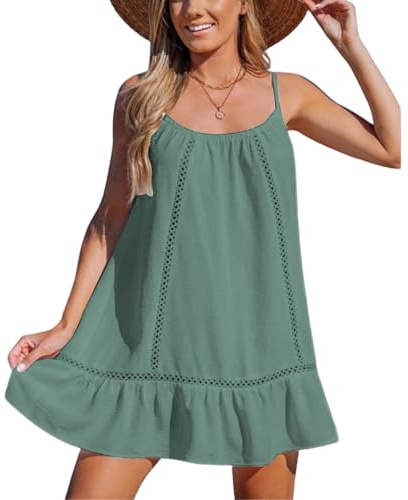 crazy bean Vestido Verano Mujer Sin Mangas Vestido de Playa de Moda Corto con Tirantes Finos y Aberturas Cover Ups Mini Vestido Elegante Talla Única Verde