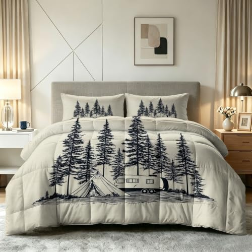 Täcke 135 x 200 cm året runt-täcke – täcke utan överdrag med retro lantställe – fyra säsonger täcken skog camping husbil, mjuk varm tvättbar filt sovfilt