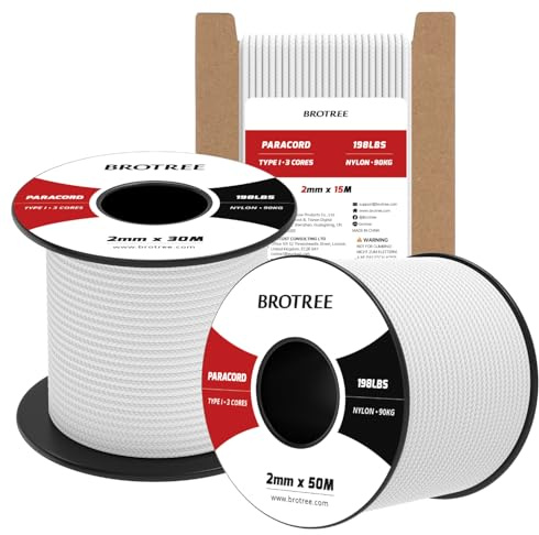 Brotree Paracord 2mm 30M 100% Nylonrep 3 Trådar Typ I Snöre för Utomhus, Hundkoppel, DIY, Hantverk - 90kg Brottlast (Vit)