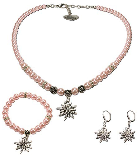 Alpenflüstern Trachtenschmuck-Set Perlen-Trachtenkette, Armband & Ohrhänger Strass-Edelweiß - Dirndl-Kette, Armkette, Ohrringe in traditionellen Farben SET024 (rosa-rosé)