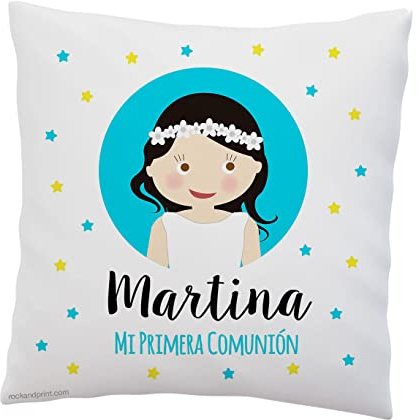 Cojín Personalizado Regalo Comunión ESTRELLAS. Personalizable 40x40 cm, incluye relleno. Almohadón original detalle niña invitados. Recuerdo 1ª comunión
