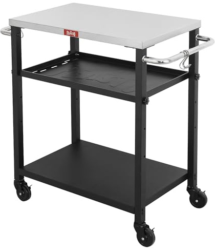 Feasto Rollender 3-stöckiger Verstellbarer Pizza-Ofen-Tisch und Lebensmittelzubereitung, für Zuhause und Außenbereich, multifunktional, funktioniert auf Vier Rädern, L 86xB 40xH 84 cm