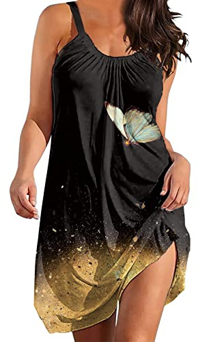 Robe de Plage en Coton Femme été élégante Sexy Robes Courte D'été Cou Rond sans Manches Imprimé Floral Bohème Grande Taille Pas Cher Mode Rétro Mini Jupe De Plage Robe Asymétrique