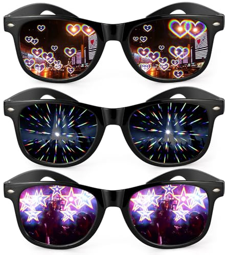 3 Stück Diffractions Party Brille, mit 3D Prisma Herz Stern Effekt , Lustige Brillen Brechungsbrillen Herz Brille Effekt, Rave Brille Herren Damen für Nacht EDM Feuerwerk Show Karneval Party Club