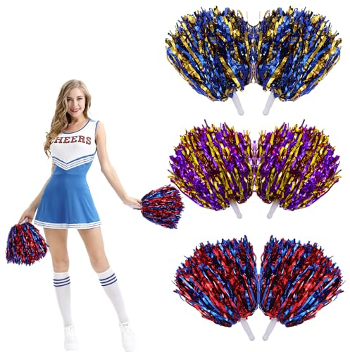 6 Stück Cheerleader Pompons Cheerleader Pompons Pom Poms Cheerleading mit bunten Pompons Cheerleader mit Stiel für Sportveranstaltungen Schule Spiele Tanzpartys