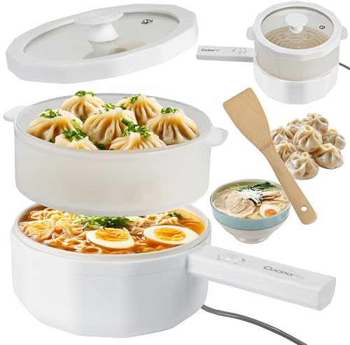 3 In 1 Electric Hot Pot with Dumpling Steamer & Rice Cooker - Multi-Function & Non-Stick (1.5L) - Rapid Noodles, Fried Rice, Ramen, Vegetables, Soup w 2 Power Settings - Dorm Essential Must Have Gift