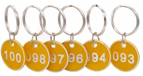 NanTun Aluminium nummer-taggar med nyckelringar - 100-pack, nummer 1-100, gul
