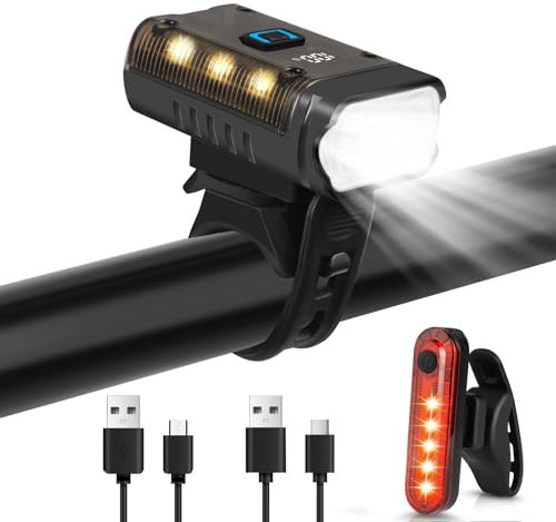 Ainiv Luci per Bici LED, Faro Anteriore e Luce Posteriore Impermeabili della Bicicletta a 5 Modalità, Super Luminose Luci per Bici Ricaricabili Tipo C, per Bici Strada e Montagna
