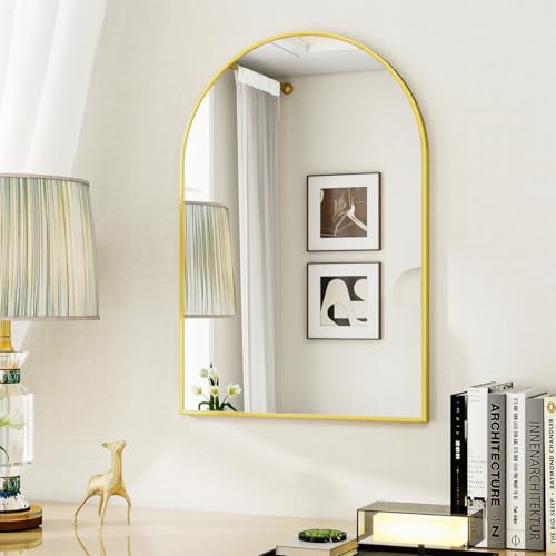 BEAUTYPEAK Bogen Wandspiegel mit Gold, 76x51 cm Bruchsichere Aluminiumlegierung Rahmen Bad Spiegel, Wand montierbar und zuverlässige Bogen Wandspiegel, geeignet für Schlafzimmer, Eingang, Bad