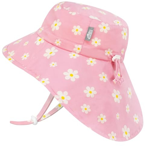 Jan & Jul Mädchen Baumwoll-Sonnenhut mit Nackenschutz, Verstellbarer Strandhut für Kleinkinder (L: 2-5 Jahre, Pink Daisy)