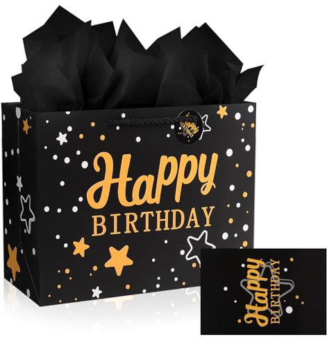 Black Birthday Gift Bag- Medium Gift Bags for Present with 3 Tissue Paper and 1 Greeting Card for Kids Men Women's Birthday Supplies-Starry Sky Design with Handles-30x12x22cm Black (1)