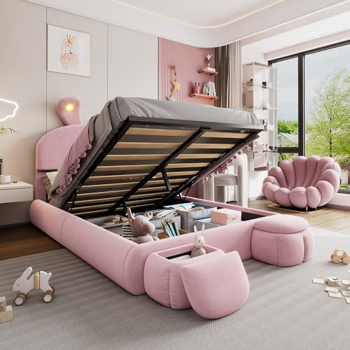 Letto Matrimoniale con Contenitore 140x200 con LED e 2 Sgabelli Contenitore, Struttura Letto Imbottito con Vano Portaoggetti e Testiera, Letto Una Piazza e Mezza con Spazio e Rete a Doghe(Rosa)