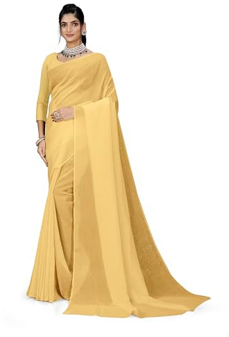 ETHNICMODE indien Sari For femme Plain Zari Chiffon Light Weight Party Wear Yellow Saree With Unstitched Blouse Piece-1244