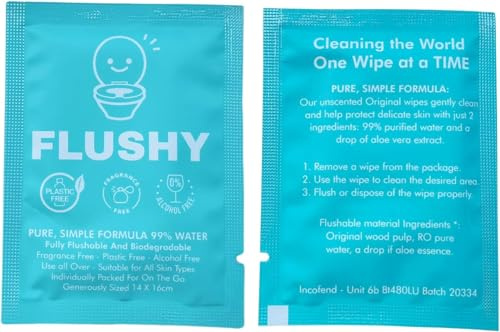 FLUSHY 50 Pack Wet Wipes Individually Wrapped Travel Hand Flushable Camping Individual Packed Sachet Packet Toilet Adults Kids Childrens Sensitive Skin Pure Water Body Biodegradeable Plastic Free