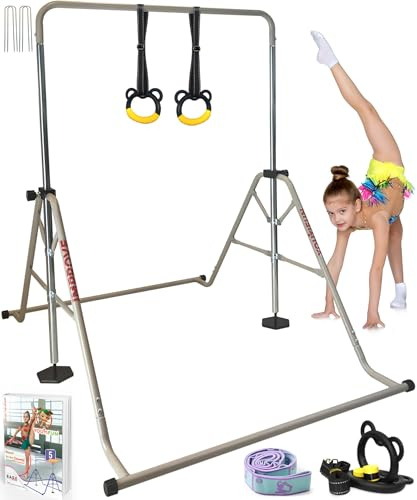 YOUTIFUN Gymnastics Bar, Kids Gym Equipment 5 Level Height Adjustable Pull Up Horizontal Gymnastic Bar, Gymnastics Equipment for Home for Girls & Boys, 3 to 12 years old (Steel bar, Beige-Frosted)