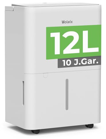 Woleix Luftentfeuchter elektrisch 12L, Entfeuchter elektrisch für Keller, Dehumidifier 35dB, Raumentfeuchter elektrisch für Räume bis zu 122m³/25m², mit Filter und 1M Ablaufschlauch, Timer, 10 J. Gar.