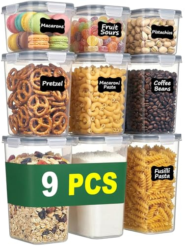 Boîtes alimentaires hermétiques avec couvercle, 9 pièces, Boîtes en plastique alimentaire empilables, sans BPA, Boîte de rangement cuisine pour farine, céréales & pâtes, organisation garde-manger