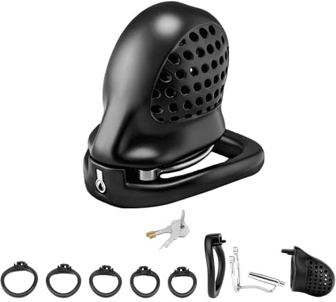 Male Chastity Cage, Cock Cage with 5 Sizes Rings, Chastity Device with Invisible Lock and Key for Man Penis Erection Control & Bondage Play, Adult Sex Toys