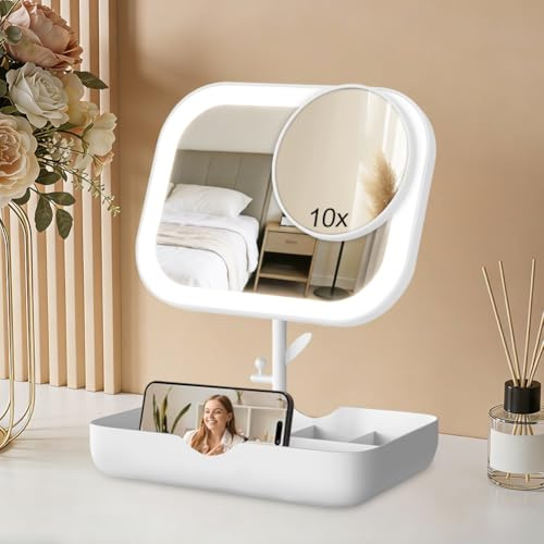 OSDUE Espejo Maquillaje con Luz,10X/1X Aumento Espejo Cosmético Base con Estante y Pantalla Táctil Brillo 3 LED Colores Rotación 360° USB Recargable Espejo Desmontable Espejo de Mesa Portátil