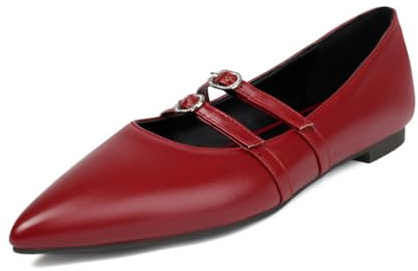 Generico Scarpe Donna Mary Jane Basse Doppio Cinturino Punta Affusolata Fibbia Strass Tomaia Pelle Sintetica Eleganti Comode alla Moda,Rosso,34 EU