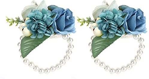 Juego de 2 brazaletes de pulsera de dama de honor, flor de muñeca nupcial, pulsera de pulsera para mujer, novia, dama de honor, boda, graduación(Lago azul)
