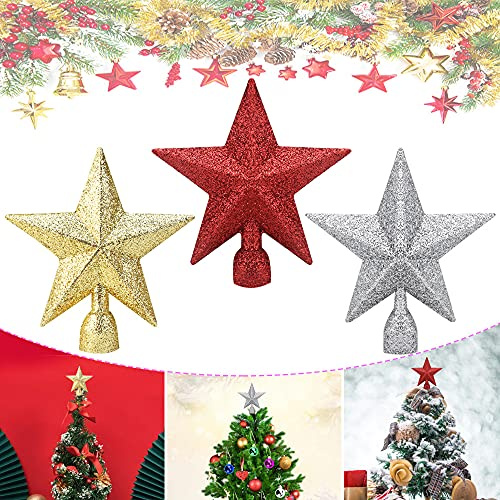 JUNMEIDO 3 pcs Estrella Navideña para Arbol Estrella para El Arbol de Navidad de 3 Colores Estrella Dorada para Arbol de Navidad de Plastico Estrella Punta Arbol Navidad - 10cm, Oro/Rojo/Plateada