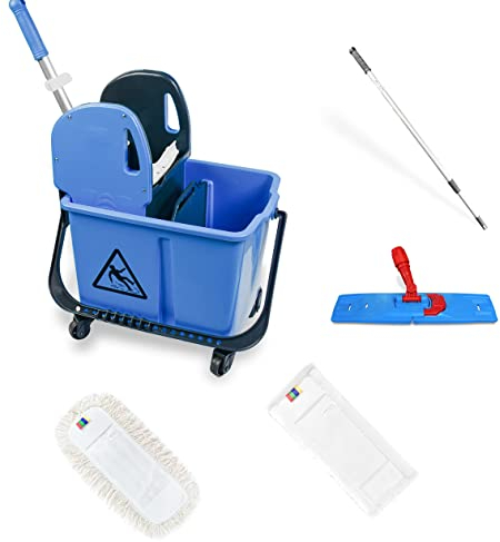 Hypafol Mini Reinigungswagen | Set 40 Mini | 2-Kammer Putzwagen mit 24l Eimer mit Trennwand | mit Mopp-Presse, Teleskopstiel & Mopp-Halter | inkl. 1x 40cm Baumwoll Mopp, 1x Mikrofaser-Mopp