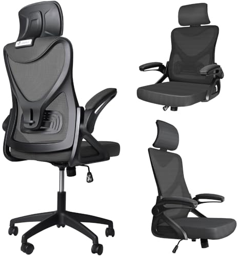 VOUNOT® Sedia da Ufficio Scrivania Ergonomica, Poltrona Ufficio da Computer ad Altezza Regolabile con Poggiatesta, Supporto Lombare e Braccioli Pieghevoli, Schienale in Rete Girevole a 360°, Nero