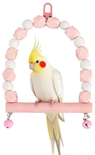 Bird Swing for Cage, Wooden Parrot Swing Perch Toy with Bell, Hanging Bird Cage Accessories for Budgie Parakeets Cockatiel Small Birds, Colourful Bird Playground Toy for Climbing & Chewing (Pink)