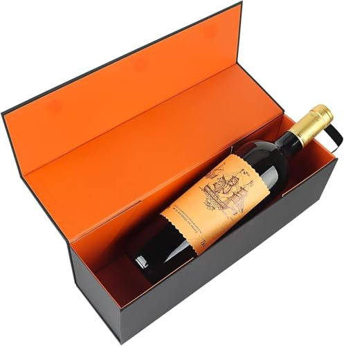 Caja de regalo para botellas de vino, 33 x 9,5 x 9,5 cm, color negro, con asa para bebidas alcohólicas y champán, caja de regalo plegable con cierre magnético para fiestas (naranja)