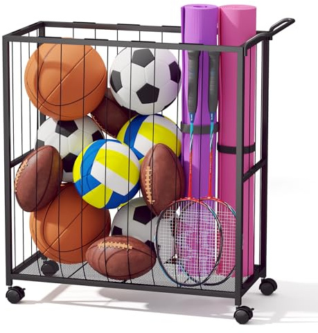Homsorout Ball Storage Bin Rolling Sports Ball Cart, Black