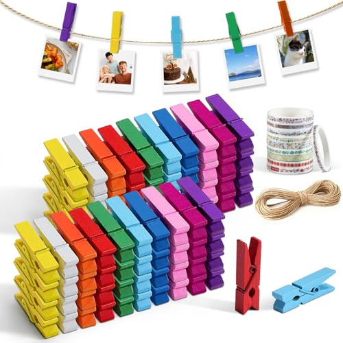 Mini Clothespins, Sopito 100 Pcs 1.4'' Strong Mini Clothespins for Photos with 10 Pcs Washi Tapes and 43 Ft Jute Twine, Colorful Wooden Small Clothes Pins for Picture, Crafts, Baby Shower
