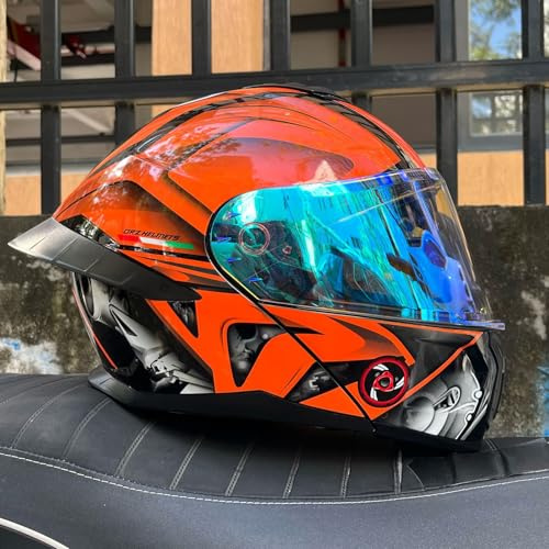 Casco Modulare per Moto, Casco Integrale Flip-Up Omologato DOT, Cascos da Corsa per Moto Stradali, con Doppia Visiera, per Adulti, Uomini e Donne,Orange 6-xl(58_59)