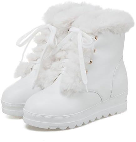 Botas de nieve con cordones forradas de felpa para mujer, cómodas, puntera redonda, tacón de cuña oculto, zapatos de plataforma de invierno, White, 39 EU