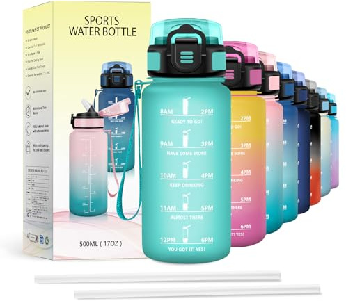 JAPORIA 500 ml vattenflaska, motiverande vattenflaska med sugrör, läckagesäker, tidsmarkör, för kontor, vandring,