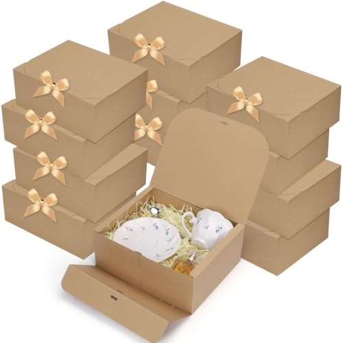 SDBYING 12 Pcs Gift Boxes with Lids, 25x20x10 cm Kraft Cardboard Gift Box | Bridesmaid Proposal Box with Ribbon, Large Party Present Boxes for Wedding, Birthday, Festival, Christmas, Party Present