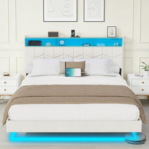 DEWINNER Lit 160x200 avec Sommier | Lit 2 Places avec Tête de Lit Rembourrée | Effet Flottant avec LED | Multiprise et Étagère Ouverte | Confort pour Chambre Spacieuse