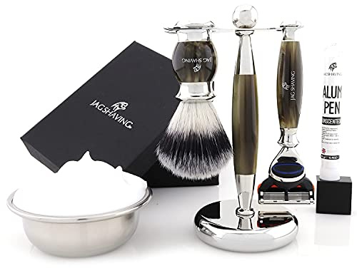 Jag Shaving Shaving Kit - 3 Piece Shaving Set - Jag's Lee Range - 5 Edge Shaving Blade Shaving Razor - Snythetic Silvertip Shaving Brush - Elegant Shaving Stand - Green Horn Imitation
