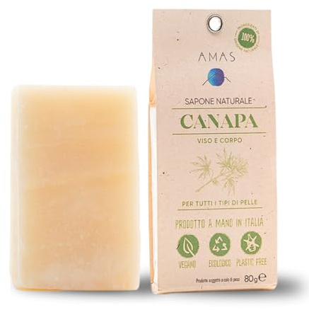 AMAS Sapone Solido con olio di CANAPA -100% Naturale- Artigianale - made in Italy - Mani Viso Corpo - Nutriente e Idratante - 100% Ecologico, Vegano, Plastic Free