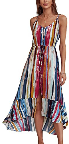 BROVAVE Women's 2025 Summer Casual Boho Sundress Polka Dot Spaghetti Strap V Neck Flowy Midi Dresses(008 Color Block, Small)