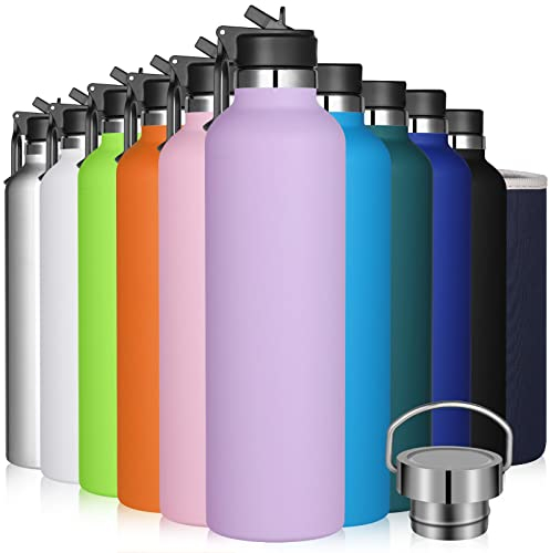 GeeRic Thermosflasche, 1 Liter, matt, aus Edelstahl + Deckel mit Strohhalm + tragbare Tasche, 1 l Sport-Wasserflasche, hält 18 Stunden warm / 24 Stunden kalt, Violett