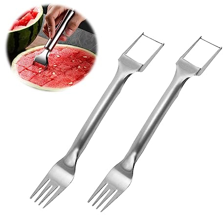 YEJAHY 2 forchette per anguria, affettatrice 2 in 1, in acciaio inox, a doppia testa, portatile, per feste, campeggio, cucina