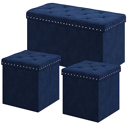 YITAHOME Sitzbank mit Stauraum Faltbare 76x38x40cm+38x38x40cmx2 in Samt blau - Sitzwürfel mit Stauraum und Deckel mit Samtbezug - Sitzcube Fußablage klappbare Aufbewahrungsbox Truhe Hocker