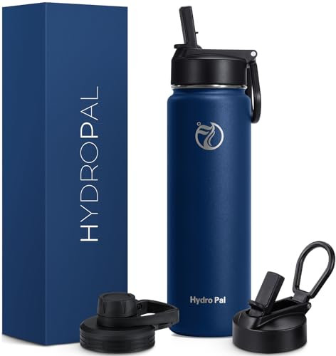 HydroPal Borraccia Termica 750 ml,1L,1.2L, Borraccia in Acciaio Inossidabile con Cannuccia, 2 Coperchi Senza BPA,Isolata 24h/12h, Senza BPA per Sport (Blu scuro, 750ml)