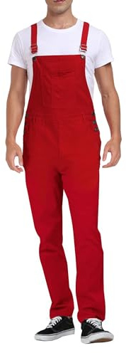 UMESOUL Men's Denim Bib Overalls Slim Fit Jean Jumpsuit, Red, 32