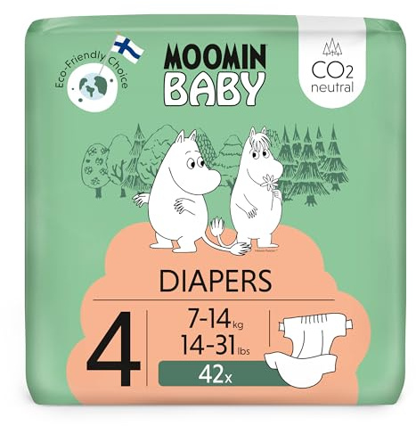 Moomin Baby Eco Nappies Size 4, 7-14 kg (14-31 lbs), 42 Diapers | Premium, Leak Barrier, Soft and Skin-friendly, Breathable, Absorbent